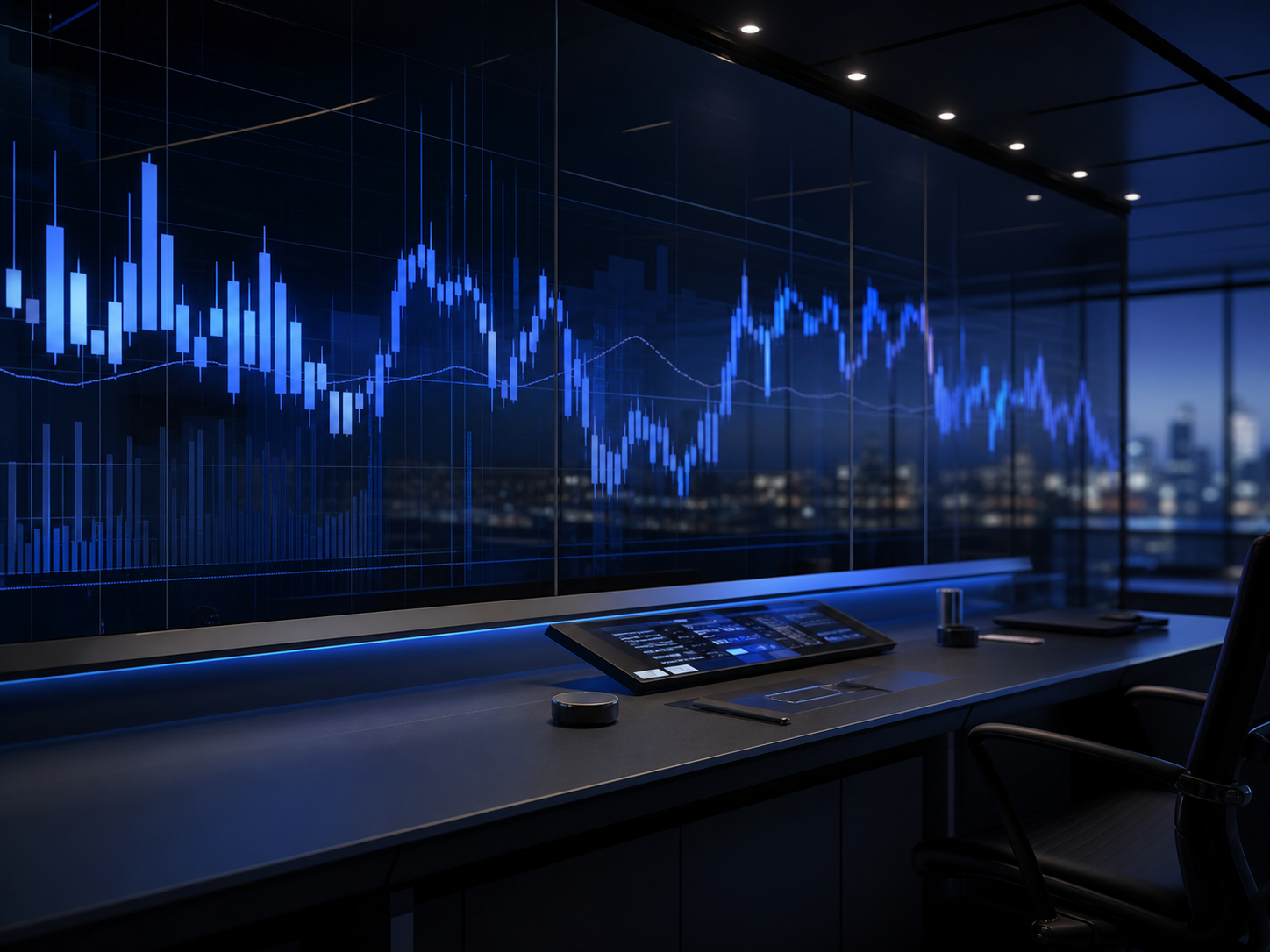 A modern share-trading desk with market charts